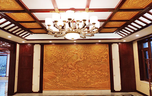 平川中式别墅客厅中式木作横梁吊顶装饰展示